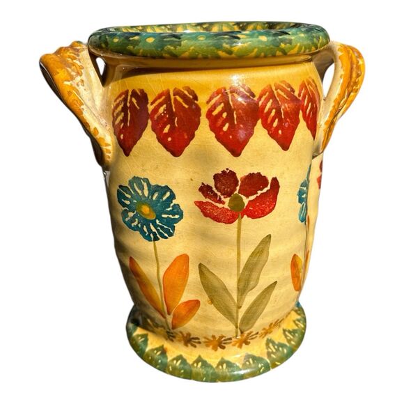 Italian Pottery Vase Hand Painted Made in Italy Flowers - Picture 2 of 5